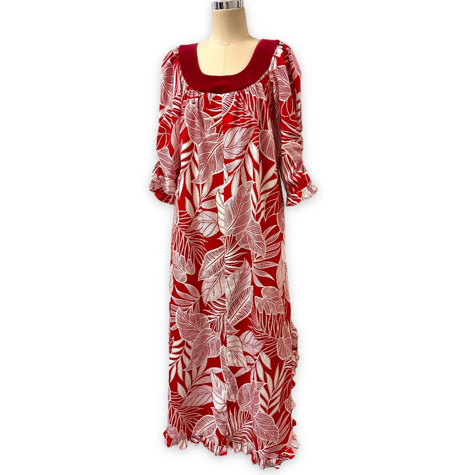 Tropical Leaf Prints Red Muumuu with Velvet Trim Large Size